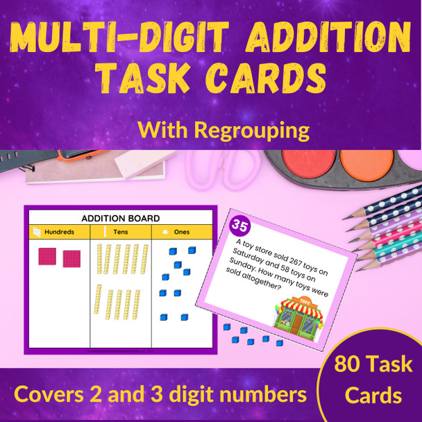 Multi-Digit Addition with Regrouping Word Problem Task Cards - Grades 2 and 3