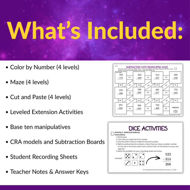 Multi-Digit Subtraction with Regrouping Leveled Activities - Grades 2 and 3