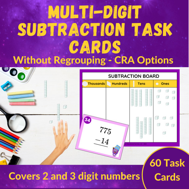 Multi-Digit Subtraction Task Cards - 2nd and 3rd Grade - CRA Friendly