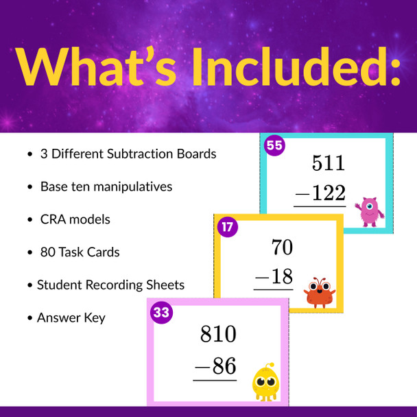 Multi-Digit Regrouping Subtraction Task Cards - 2nd and 3rd Grade - CRA Friendly