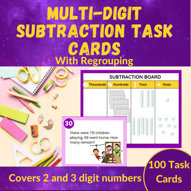 Subtraction Word Problem Task Cards for 2nd & 3rd Grade, Regrouping & CRA