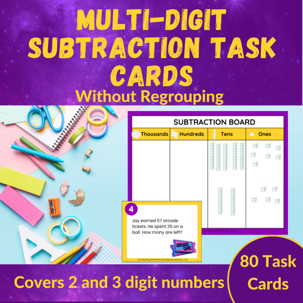 Subtraction Word Problem Task Cards No Regrouping CRA-Friendly 2nd 3rd Grade
