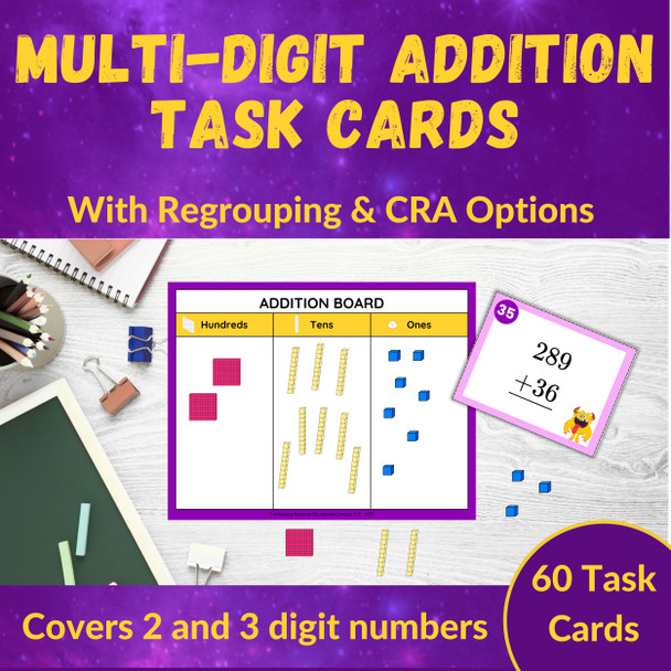 Multi-Digit Addition with Regrouping Task Cards for 2nd and 3rd Grade CRA Option