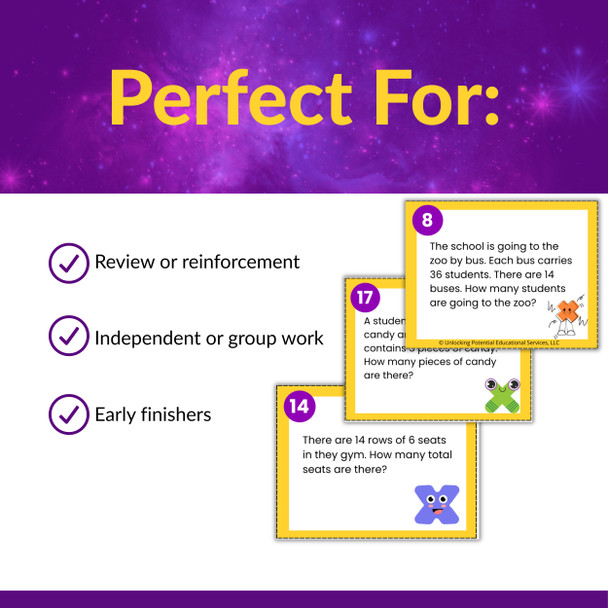 Multi-Digit Multiplication Word Problem Task Cards for 4th Grade | Leveled
