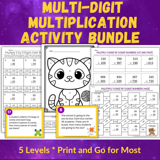 Leveled Multi-Digit Multiplication Activities Bundle Grades 3, 4, and 5