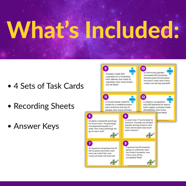 Multi-Digit Division Word Problem Task Cards for 3rd 4th 5th Grade With Remainders