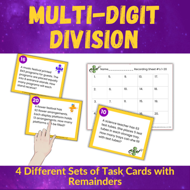 Multi-Digit Division Word Problem Task Cards for 3rd 4th 5th Grade With Remainders