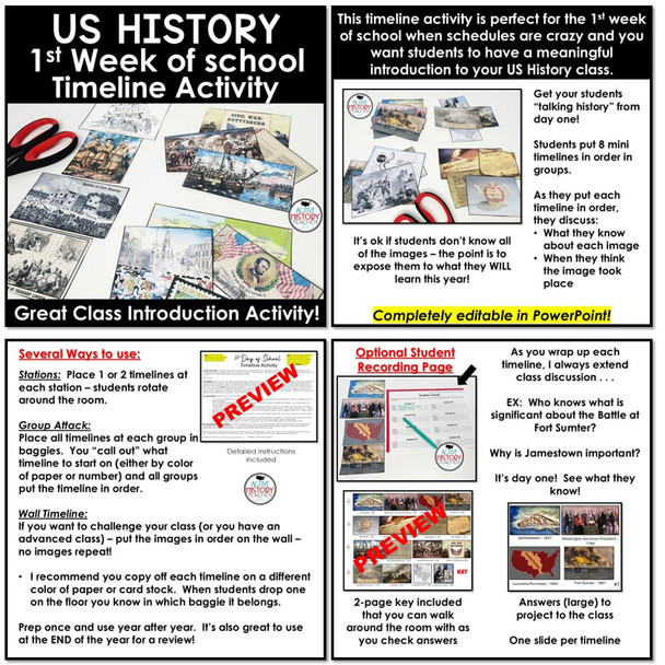 1st Day of School Activity US History Timeline Activity Class Intro Bundle