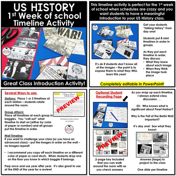 1st Day of School Activity US History Timeline Activity Class Intro Bundle