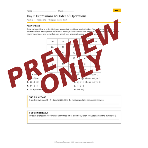 Algebra 1 Emergency Sub Plans - 5 Days No Prep Self-Checking Worksheets