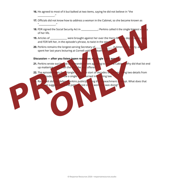 Frances Perkins New Deal Podcast Listening Guide | Throughline | Sub Plan