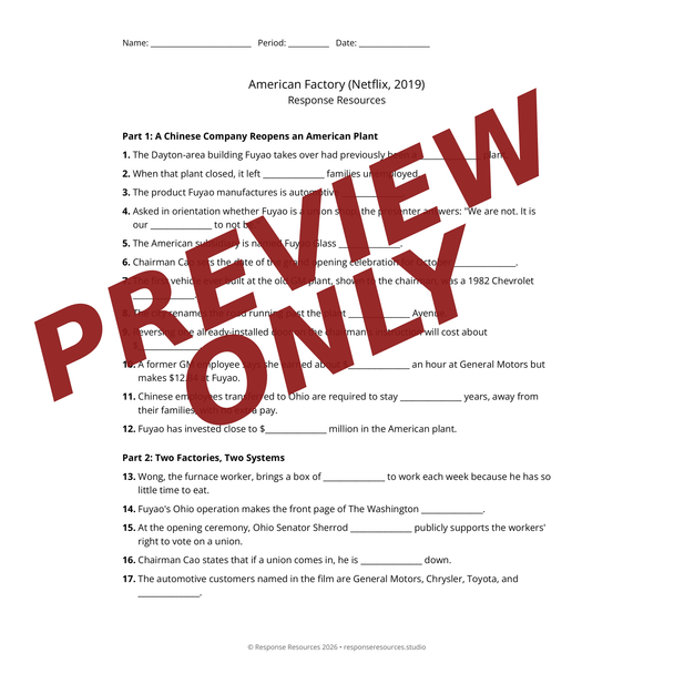 American Factory Netflix Documentary Worksheet & Key + Google Forms