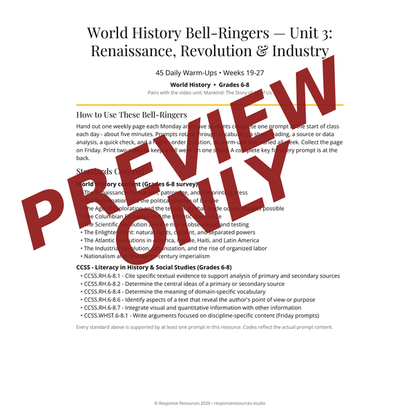 World History Bell Ringers Unit 3 - 45 Daily Warm-Ups (Grades 6-8)