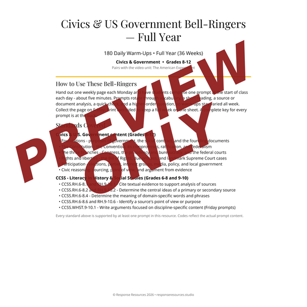 Civics & US Government Bell Ringers FULL YEAR - 180 Daily Warm-Ups (Grades 8-12)