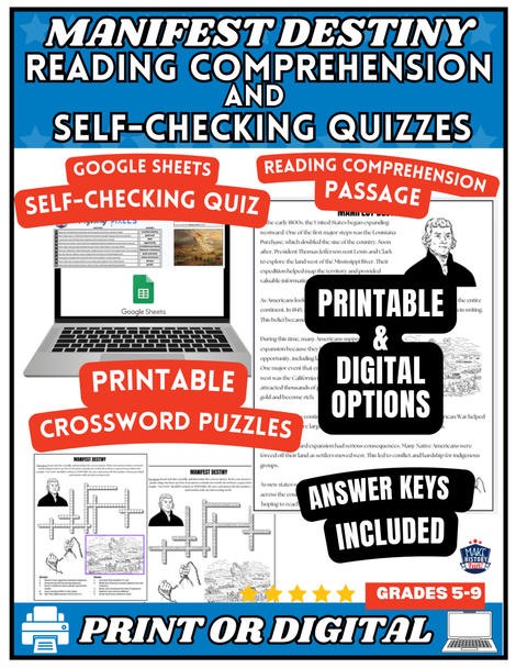 Manifest Destiny Reading Comprehension Pixel Activity | Westward Expansion Quiz