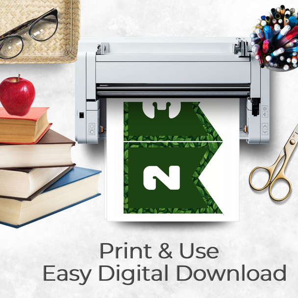 Plant-themed classroom bunting pages printing from a home printer on a teacher desk with books, apple, scissors, pens, and glasses. The printable banners feature dark green centers, white letters, and leafy borders. Text reads “Print & Use, Easy Digital Download,” showing how the classroom decor can be printed, cut, and displayed quickly for bulletin boards or wall decor.