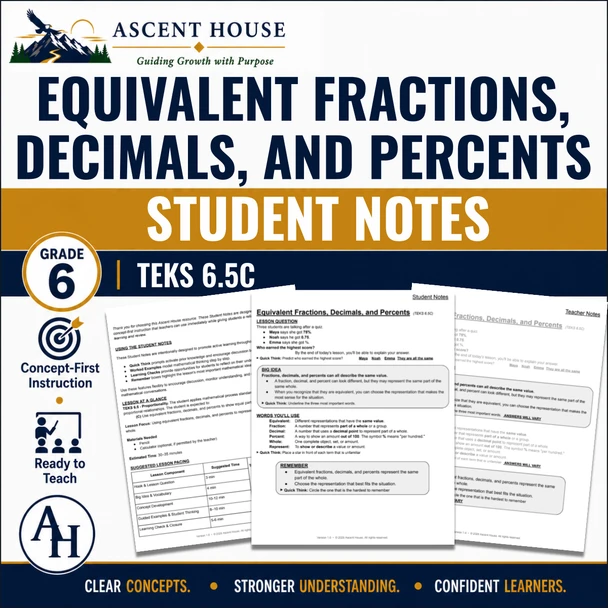 Equivalent Fractions, Decimals & Percents Student Notes | Grade 6 Math | TEKS 6.5C