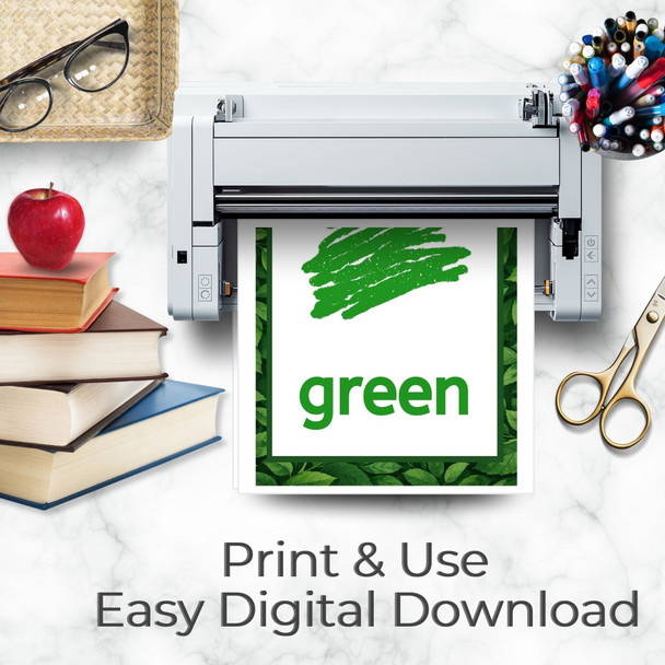 Plant-themed color card printing from a home printer on a teacher desk with books, apple, scissors, pens, and glasses. The featured printable shows a green scribble color swatch with the word “green” framed by leafy botanical borders. Text reads “Print & Use, Easy Digital Download,” showing the resource ready for classroom walls, centers, and color learning activities.