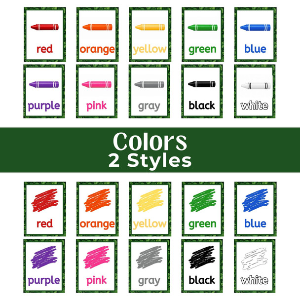 Plant-themed classroom color cards shown in two printable styles. One set features crayons labeled red, orange, yellow, green, blue, purple, pink, gray, black, and white. The second set uses matching scribble swatches with the same color words. Each card has a leafy green border for coordinated classroom decor, color recognition, centers, and wall displays.