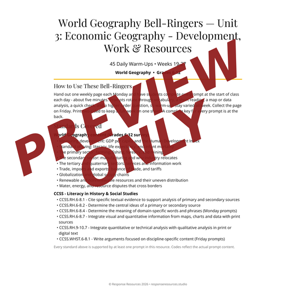 World Geography Bell Ringers Unit 3 - 45 Daily Warm-Ups (Grades 6-12)