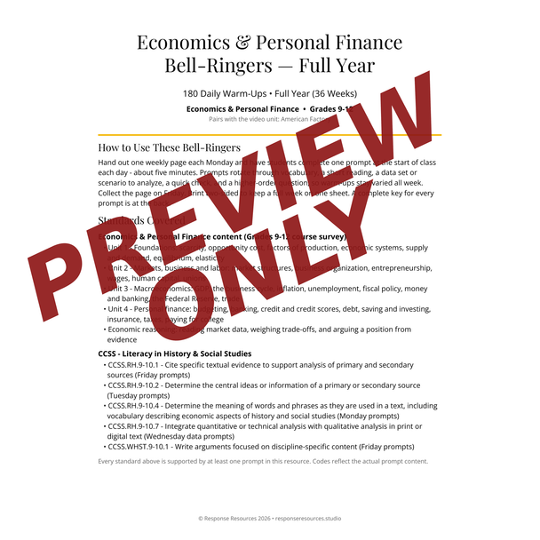 Economics & Personal Finance Bell Ringers FULL YEAR - 180 Warm-Ups (Grades 9-12)