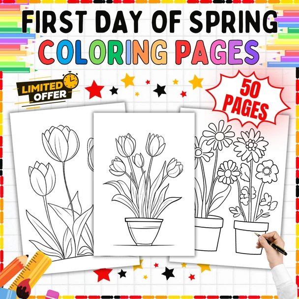 First Day of Spring Coloring Pages PDF: 50 Flower and Garden Designs