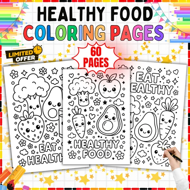 Healthy Food Coloring Pages: 60-Page Fruit and Vegetable Activity PDF