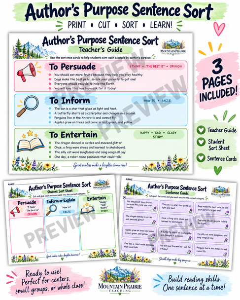 Help students practice identifying author’s purpose with this engaging cut-and-sort activity!

This Author’s Purpose Sentence Sort gives students hands-on practice deciding whether a sentence was written to persuade, inform/explain, or entertain.

Students read each sentence card, think about the author’s purpose, and glue it into the correct category on the student sort sheet. The sentence cards are all the same purple color so students must read and think about the meaning instead of matching by color.

This resource includes:

Teacher’s Guide
Student sorting sheet
12 sentence cards
Persuade, Inform/Explain, and Entertain categories
Kid-friendly visual clues and examples
Clean, colorful Mountain Prairie Teaching design

This activity is great for:

Reading centers
Small groups
Partner work
Independent practice
Intervention
Review
Sub plans
Homeschool learning

Recommended Grades: 2nd–3rd
Subject: ELA / Reading Comprehension
Skill: Author’s Purpose

Students will practice reading carefully, using context clues, and explaining whether the author’s purpose is to persuade, inform, or entertain.

Print, cut, sort, and learn!