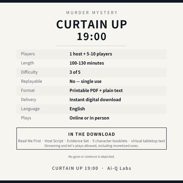 Curtain Up, 19:00 | Japanese-Style Murder Mystery for 5-10 Players + Host | Printable PDF | 100-130 min