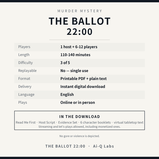 The Ballot, 22:00 | Japanese-Style Murder Mystery for 6-12 Players + Host | Printable PDF | 110-140 min