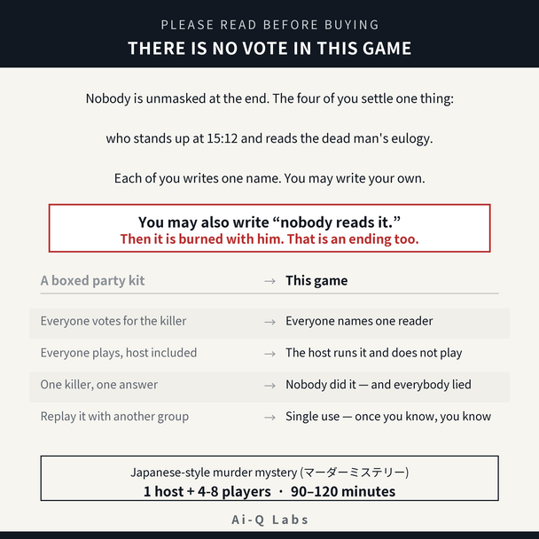 The Eulogy, 15:00 | Japanese-Style Murder Mystery for 4-8 Players + Host | Printable PDF | 90-120 min