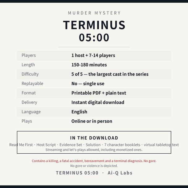 Terminus, 05:00 | Japanese-Style Murder Mystery for 7-14 Players + Host | Printable PDF | 150-180 min