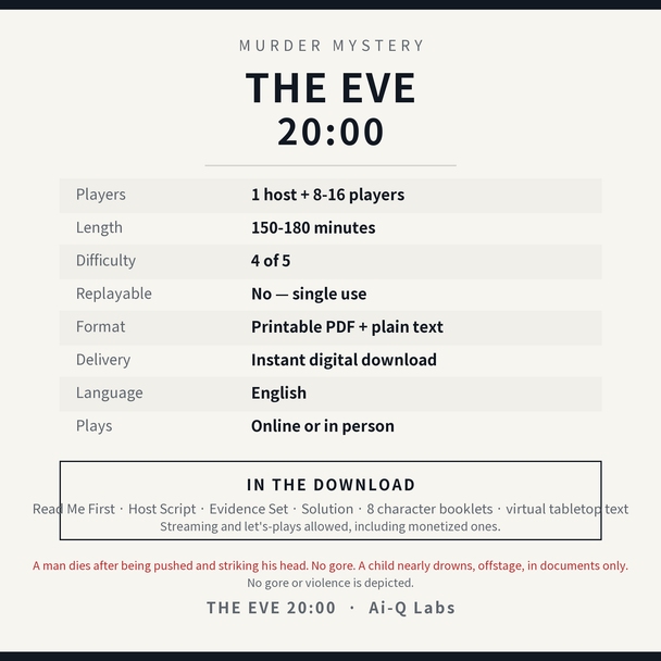 The Eve, 20:00 | Japanese-Style Murder Mystery for 8-16 Players + Host | Printable PDF | 150-180 min