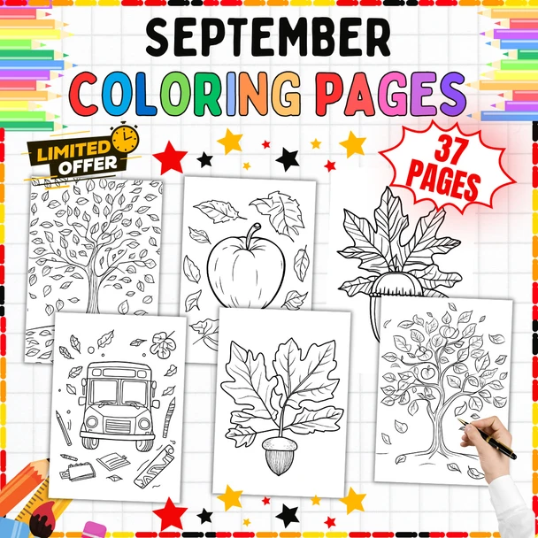 September Coloring Pages PDF: 37-Page Fall and Back-to-School Activity