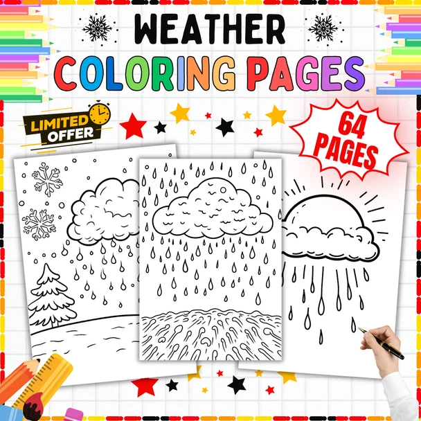 Weather Coloring Pages PDF: 64 Clouds, Rain, Sun, and Snow Designs