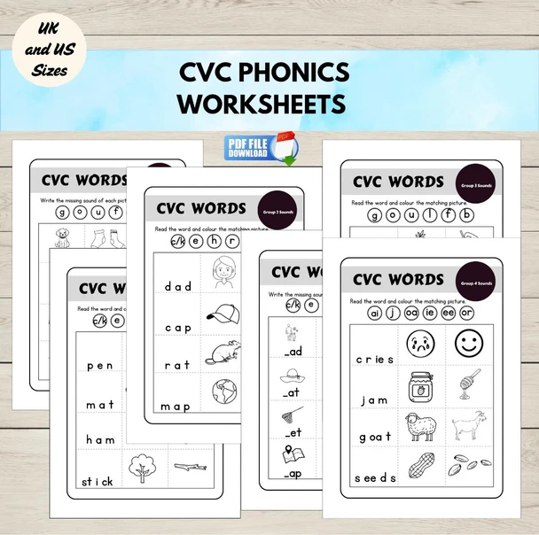 FREE Phonics CVC Words Worksheets | Reading Practice Activity | Blending & Segmenting