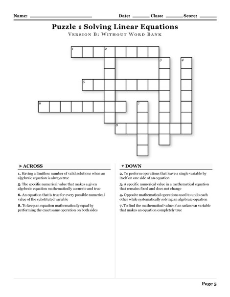 Algebra 1 Linear and Absolute Value Equations Crosswords with Word Bank