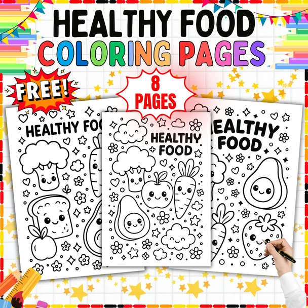 Healthy Food Coloring Pages PDF: 8 Fruit and Vegetable Designs