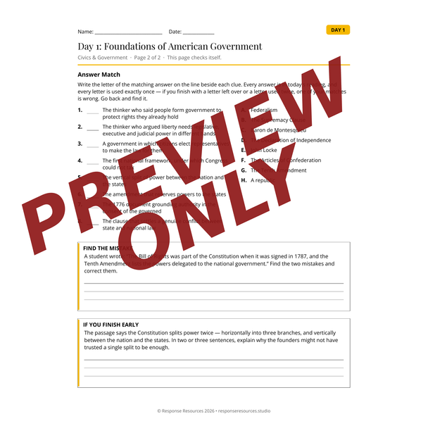 Civics and Government Emergency Sub Plans - 5 Days No Prep Print and Go