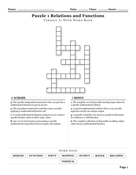 Algebra 1 Functions and Arithmetic Sequences Crosswords with Word Bank