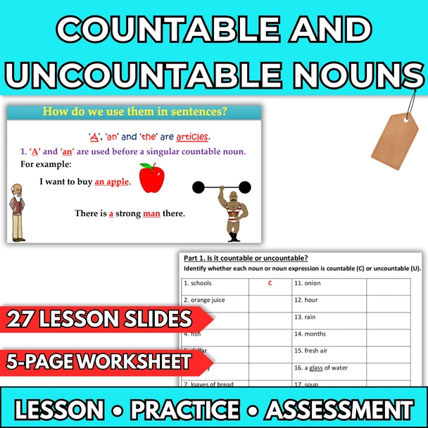 EFL / ESL Countable and Uncountable Nouns - Editable Lesson Slides & Worksheets