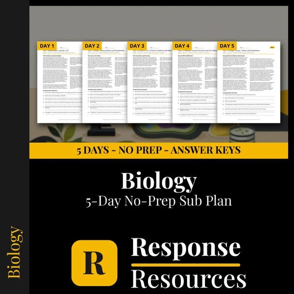Biology Emergency Sub Plans - 5 Days No Prep Print and Go Reading Worksheets