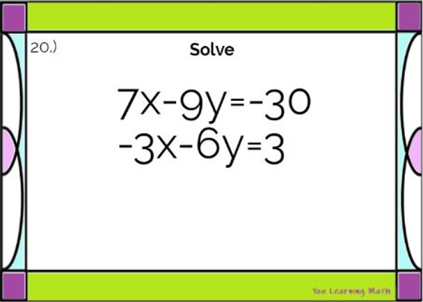 Solving Systems of Linear Equations using Elimination: Task Cards - 20 Problems