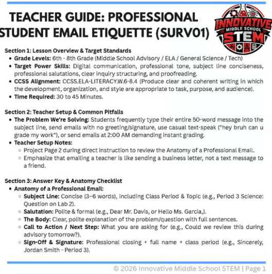 Professional Student Email Etiquette Guide & Lab (SURV01) | Middle School Digital Citizenship & Executive Function (Grades 6-8)