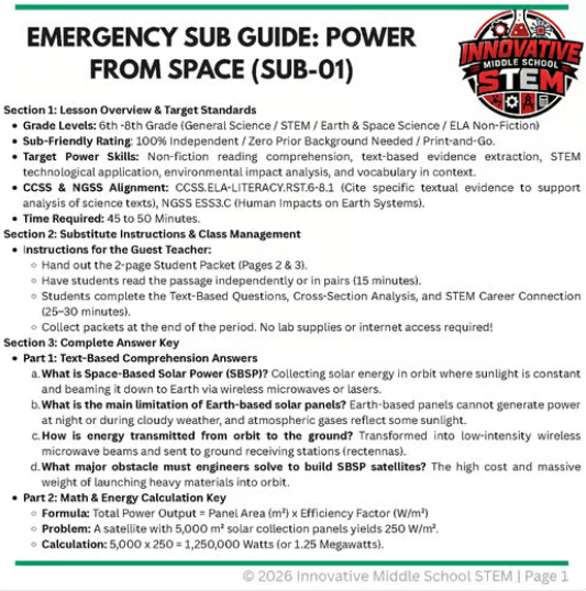 Emergency Sub Plan: Space Solar Power (SUB-01) | Middle School Science & ELA (Grades 6-8)