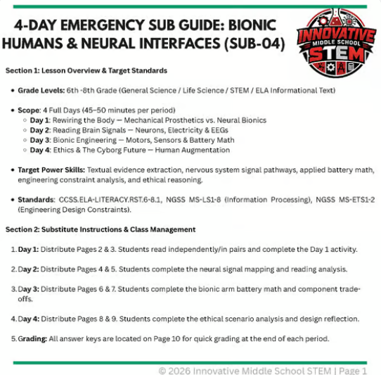 4-Day Emergency Sub Plan: Bionic Humans & Neural Interfaces (SUB-04) | Middle School Science & Bioengineering (Grades 6-8)
