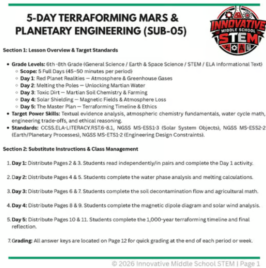 5-Day Emergency Sub Plan: Terraforming Mars & Planetary Engineering (SUB-05) | Middle School Science (Grades 6-8)