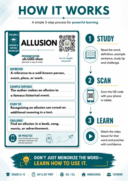 Reading & Writing Vocabulary Words 50 Flashcards QR code Lessons
