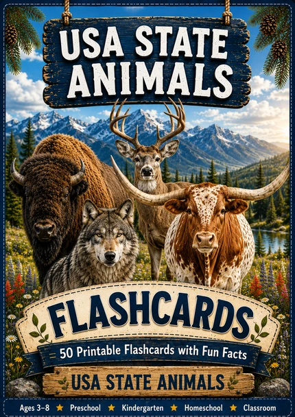 USA State Animals Flashcards 50 State Animal Cards with Pronunciation