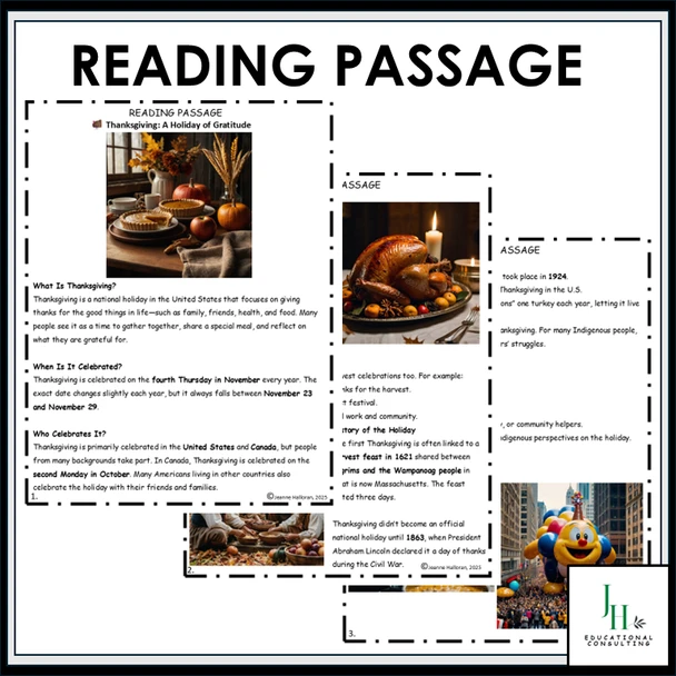 Thanksgiving Reading Comprehension Passage & Questions | No Prep November Activity | Middle School | DOK 1-4